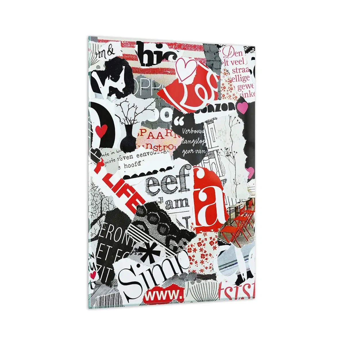 Impression sur verre - Image sur verre - Un collage coloré avec des inscriptions, des cœurs et des graphiques. - 80x120cm - Collage hipster - Décoration murale moderne pour le salon et la chambre ARTTOR