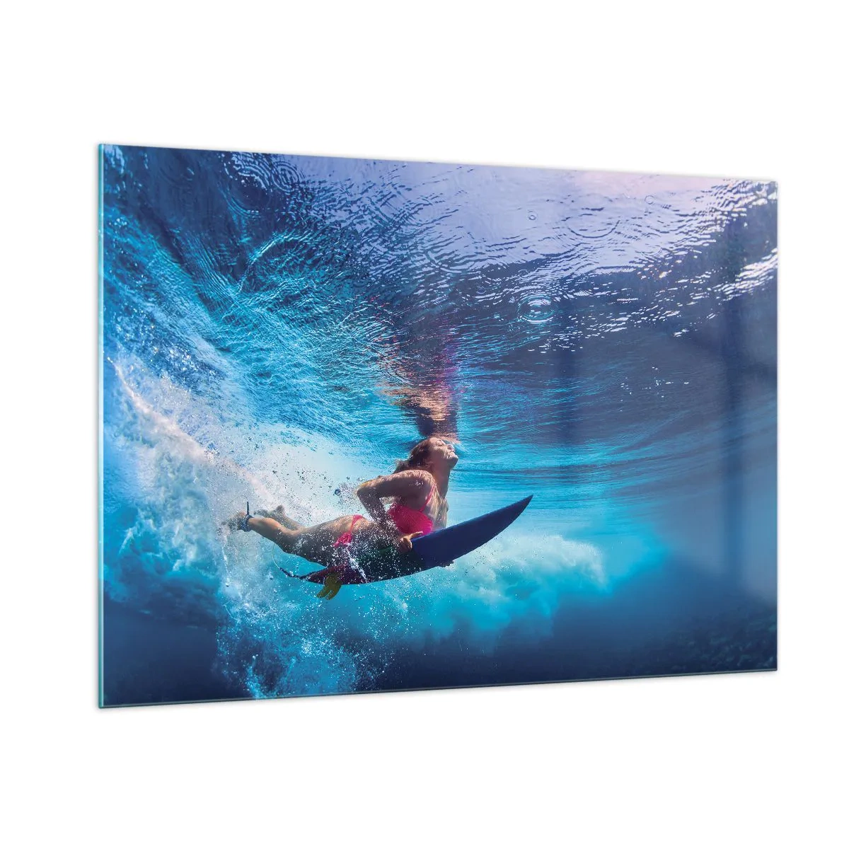 Impression sur verre - Image sur verre - Une scène sous-marine avec un surfeur en action dynamique - 100x70cm - Joie profonde - Décoration murale moderne pour le salon et la chambre ARTTOR