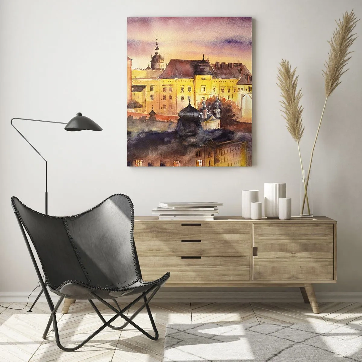 Impression sur verre - Image sur verre - Illustration à l'aquarelle d'un château sur une colline au coucher du soleil - 50x70cm - Histoire et conte de fées - Décoration murale moderne pour le salon et la chambre ARTTOR