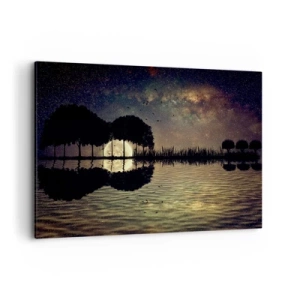 Impression sur toile - Image sur toile - Une nuit magique avec des arbres et la lune se reflétant sur l'eau - 120x80cm - Nuit au bout du monde - Décoration murale moderne pour le salon et la chambre ARTTOR