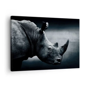 Impression sur toile - Image sur toile - Portrait noir et blanc d'un rhinocéros sur fond sombre - 70x50cm - Le profil droit - Décoration murale moderne pour le salon et la chambre ARTTOR