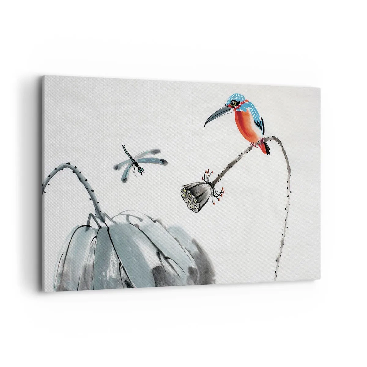 Impression sur toile - Image sur toile - Un oiseau coloré sur fond de végétation et une libellule - 120x80cm - La vie du champ - Décoration murale moderne pour le salon et la chambre ARTTOR