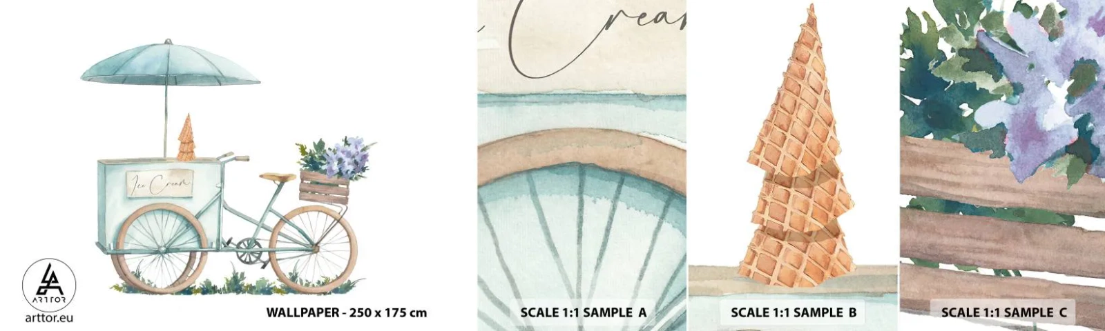 Échantillon De Papier Peint Standard Eco - Doux souvenir d'été - Pastel, Glace, Vélo - 100x30 cm