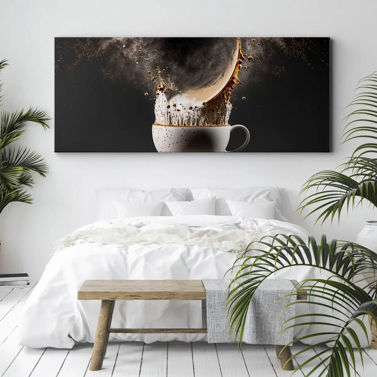 Impression sur toile - Image sur toile - Une tasse de café avec une explosion dynamique de liquide sur fond noir. - 160x50cm - Une explosion de saveur - Décoration murale moderne pour le salon et la chambre ARTTOR