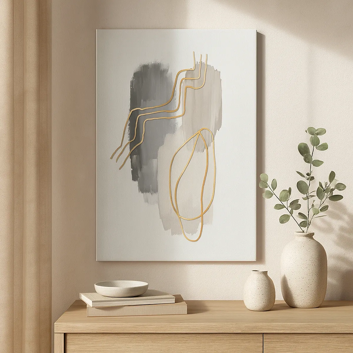 Impression sur toile - Image sur toile - Lignes dorées abstraites sur fond gris - 50x70cm - Durée et mouvement - Décoration murale moderne pour le salon et la chambre ARTTOR