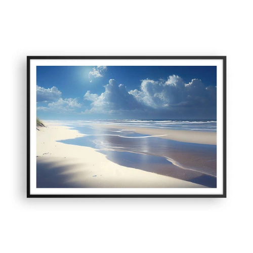 Affiche dans un cadre noir - Poster - Une plage de sable avec des vagues sous un ciel bleu - 100x70cm - Des vacances paradisiaques - Décoration murale moderne pour le salon et la chambre ARTTOR