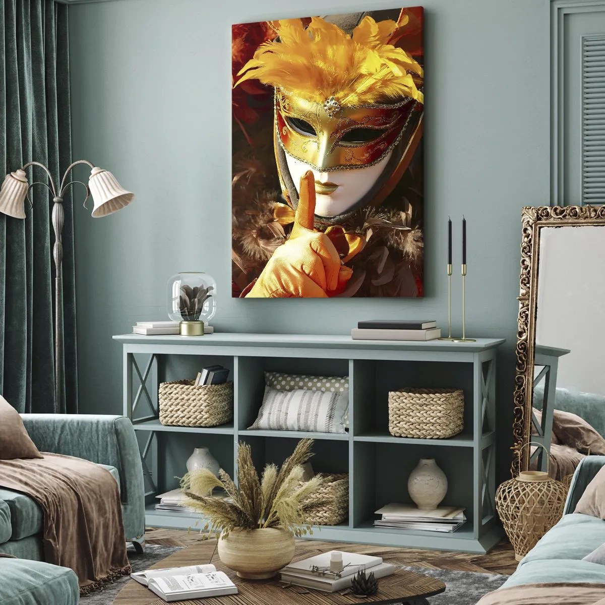 Impression sur toile - Image sur toile - Masque de carnaval aux tons or et orange - 50x70cm - Le secret est une partie du jeu - Décoration murale moderne pour le salon et la chambre ARTTOR