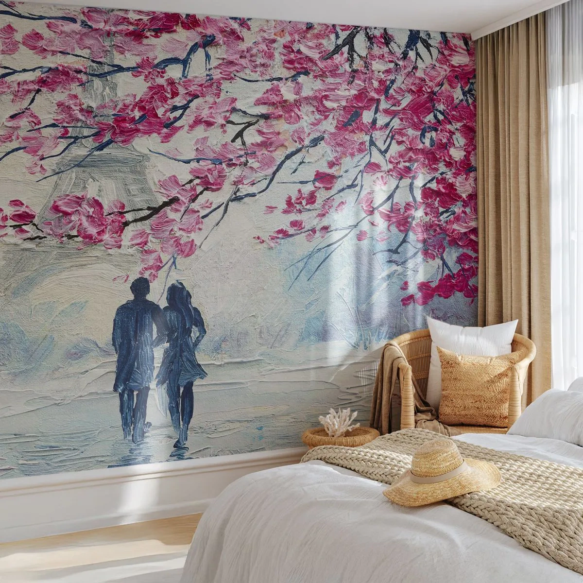 Papier Peint Photo Premium Canvas - Un couple sous des arbres roses en fleurs dans un cadre romantique - 100x70cm - Ballade romantique - Décoration murale moderne pour le salon et la chambre ARTTOR