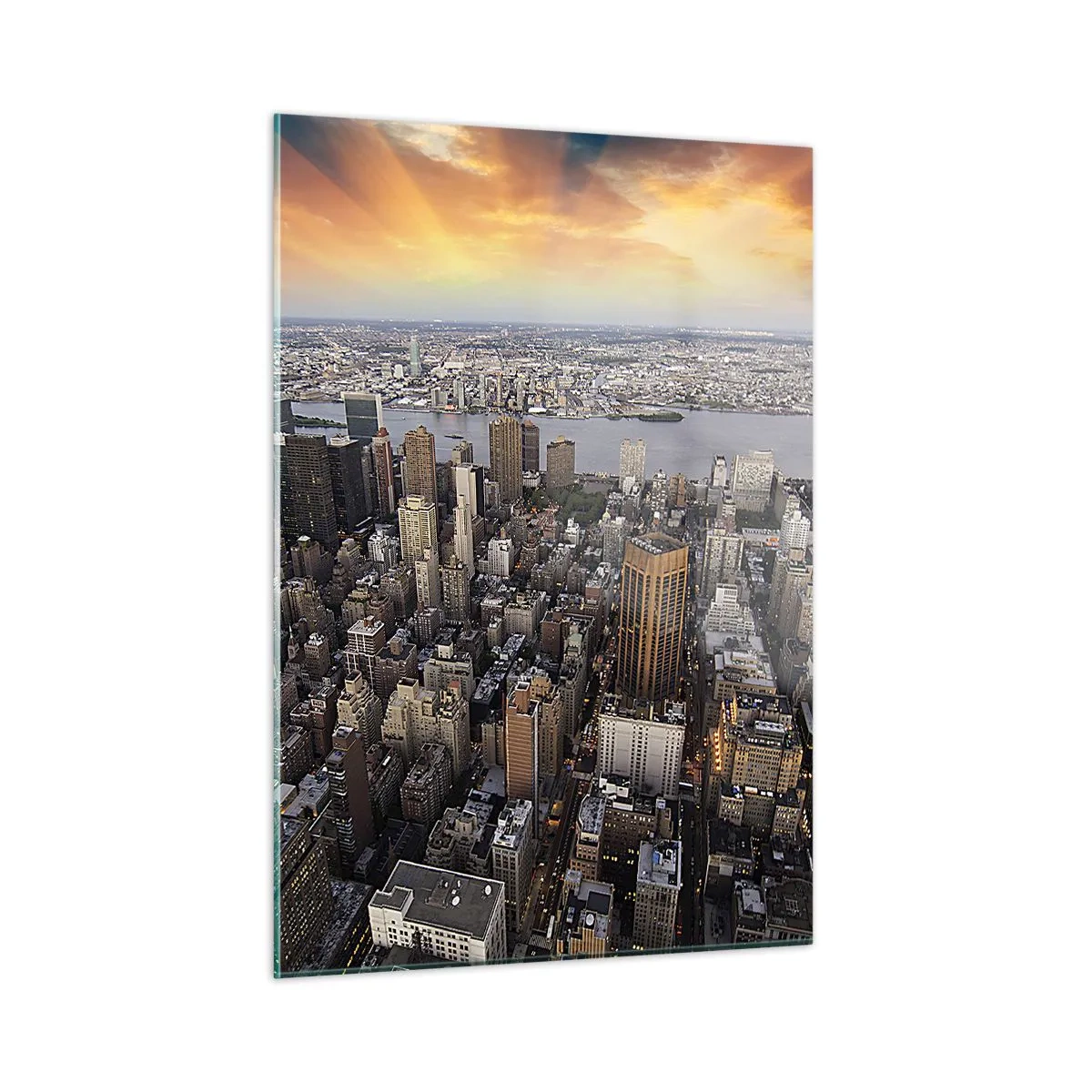 Impression sur verre - Image sur verre - Panorama de la ville avec vue sur les gratte-ciels au coucher du soleil - 50x70cm - Le cœur battant de notre époque - Décoration murale moderne pour le salon et la chambre ARTTOR