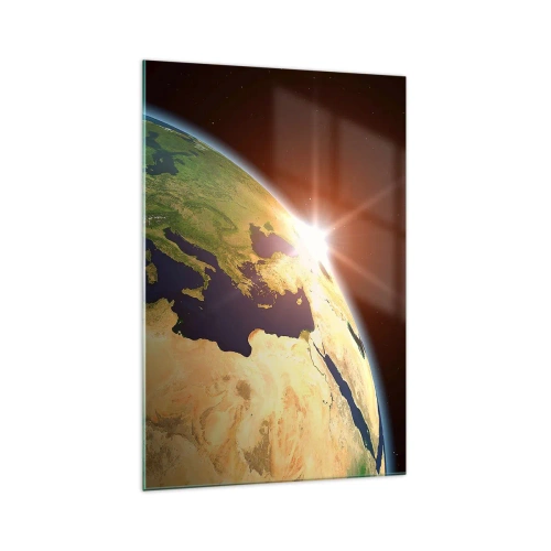 Impression sur verre - Image sur verre - Vue de la Terre depuis l'espace avec les rayons du soleil à l'horizon - 70x100cm - Lever de soleil - Décoration murale moderne pour le salon et la chambre ARTTOR