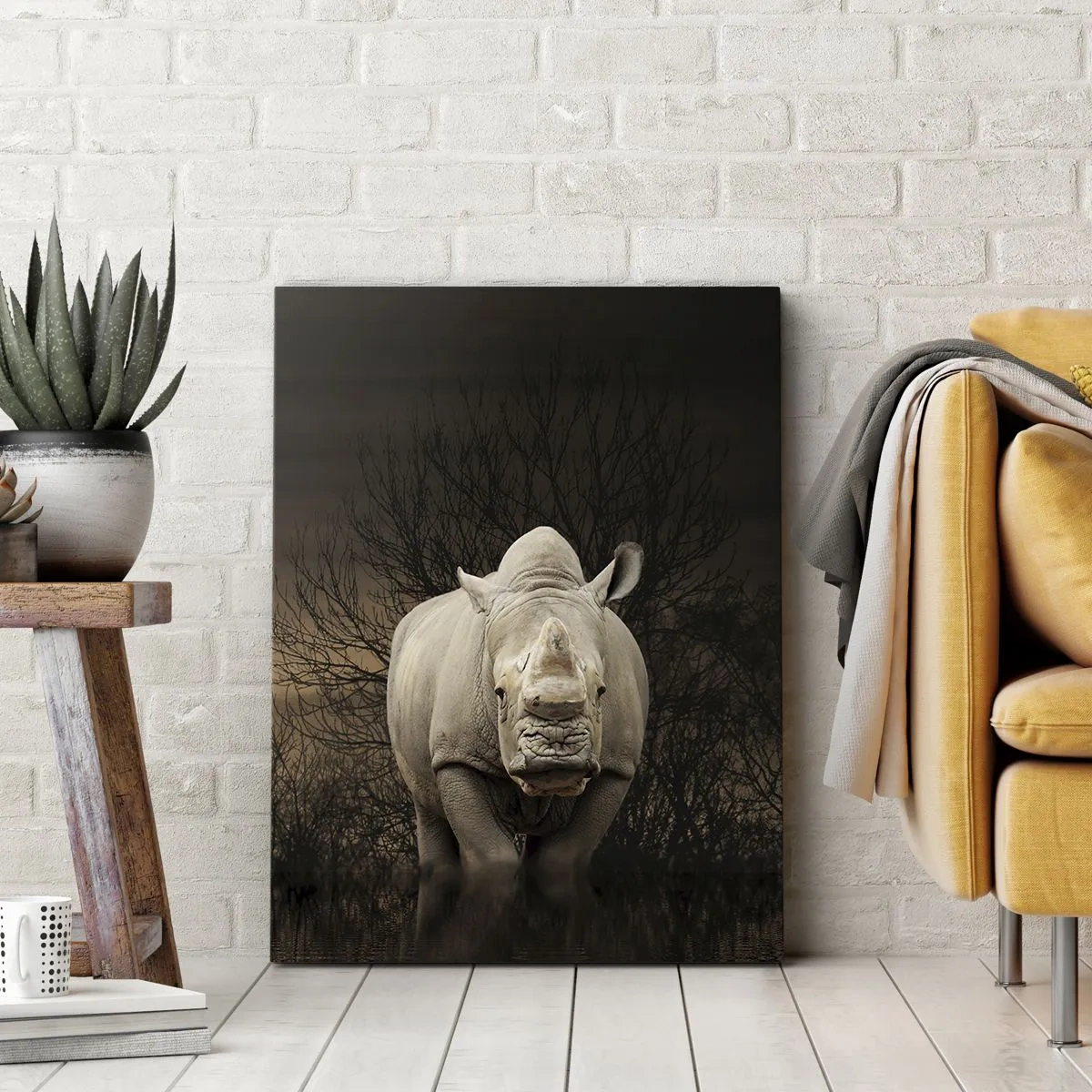 Impression sur toile - Image sur toile - Rhinocéros parmi les arbres au coucher du soleil, nature sauvage. - 50x70cm - Blanc contre nature - Décoration murale moderne pour le salon et la chambre ARTTOR
