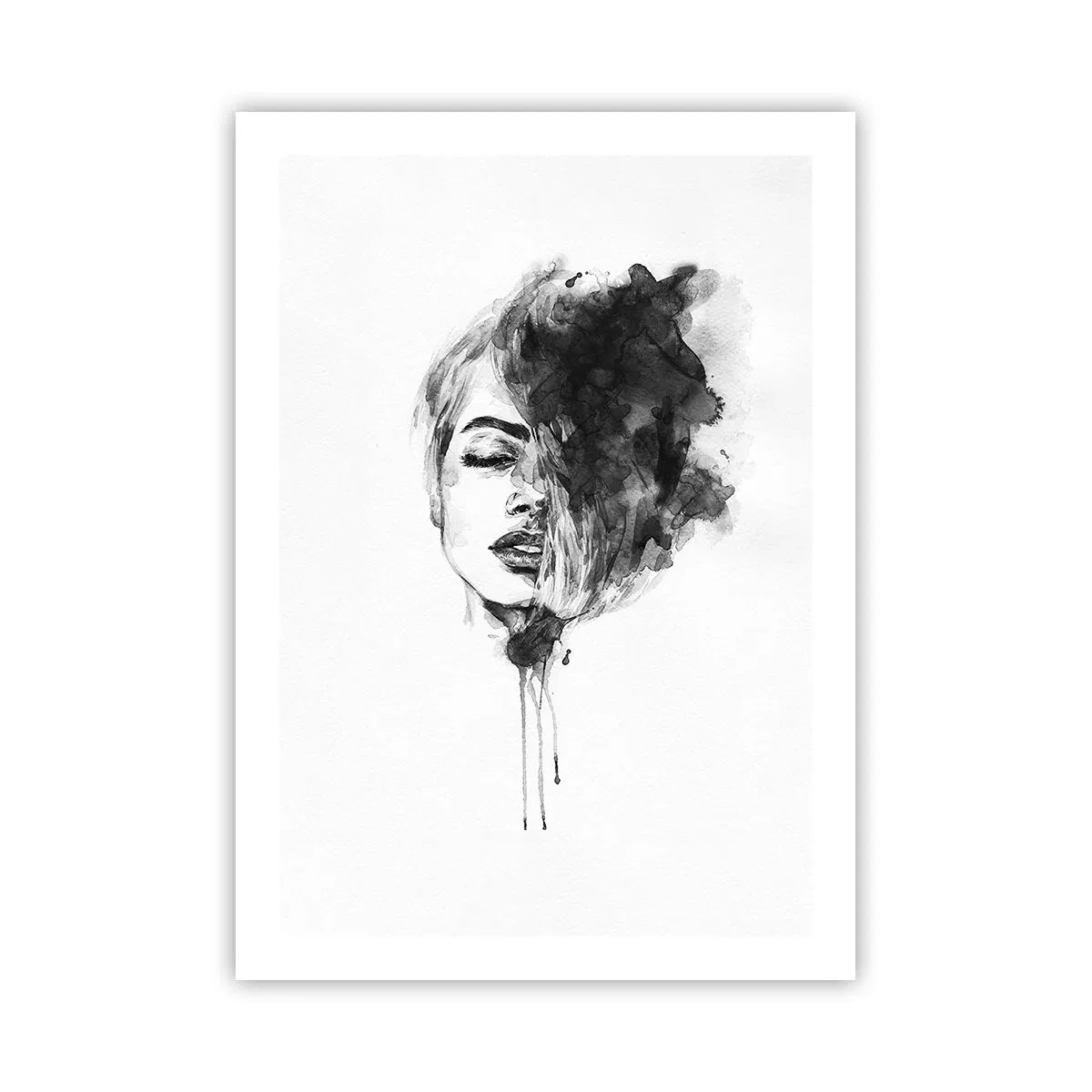 Affiche - Poster - Portrait de femme à l'aquarelle noir et blanc - 50x70cm - De quoi rêve la fille - Décoration murale moderne pour le salon et la chambre ARTTOR