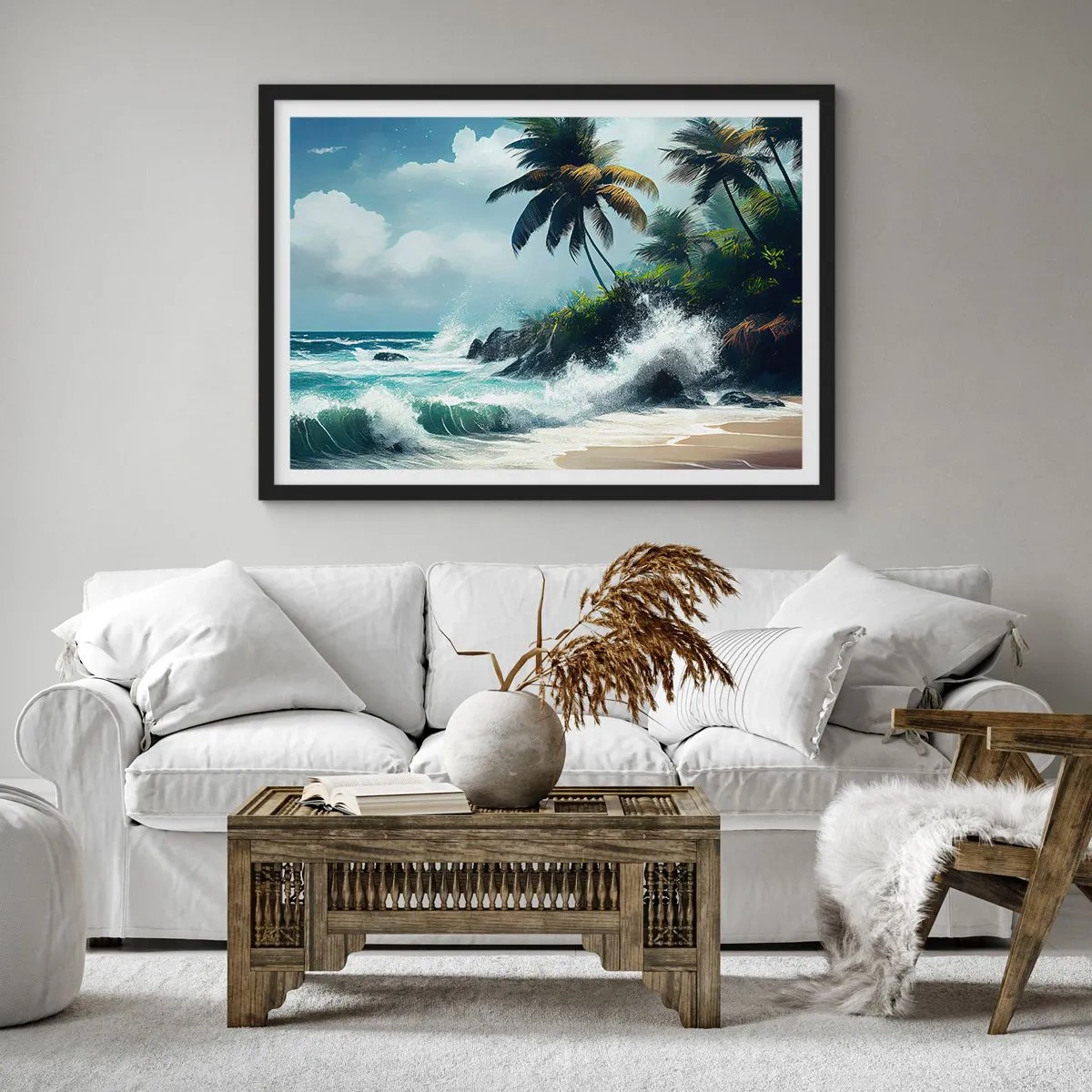 Affiche dans un cadre noir - Poster - Rivage tropical avec palmiers et mer agitée - 70x50cm - Sur une côte tropicale - Décoration murale moderne pour le salon et la chambre ARTTOR