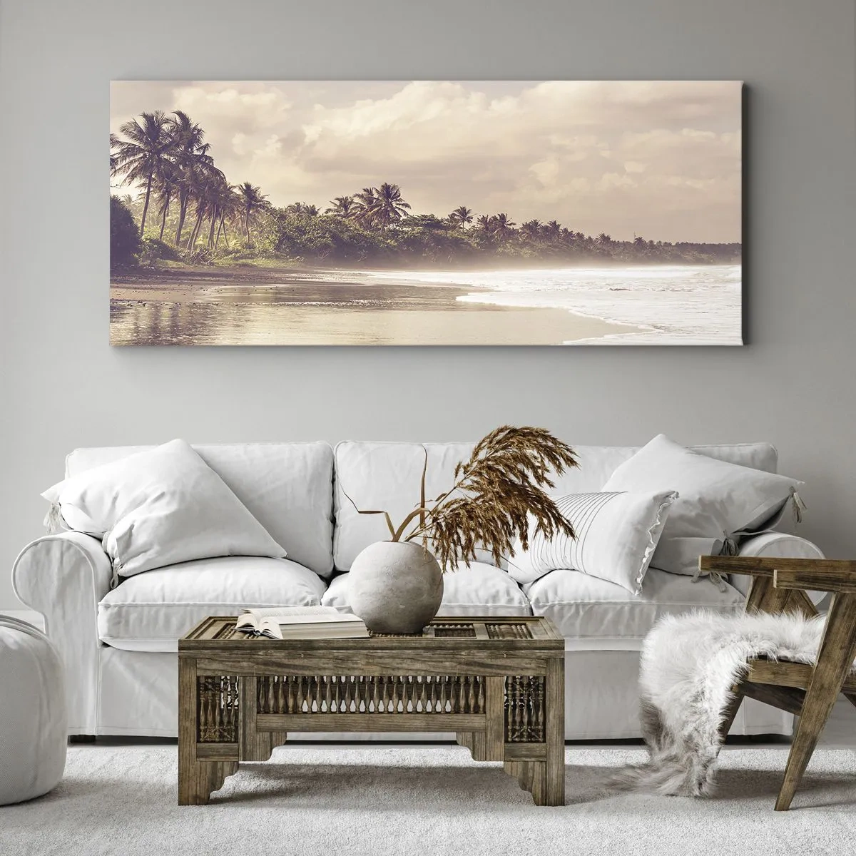 Impression sur toile - Image sur toile - Une plage avec des palmiers et des vagues douces le matin - 120x50cm - La caresse des vagues - Décoration murale moderne pour le salon et la chambre ARTTOR