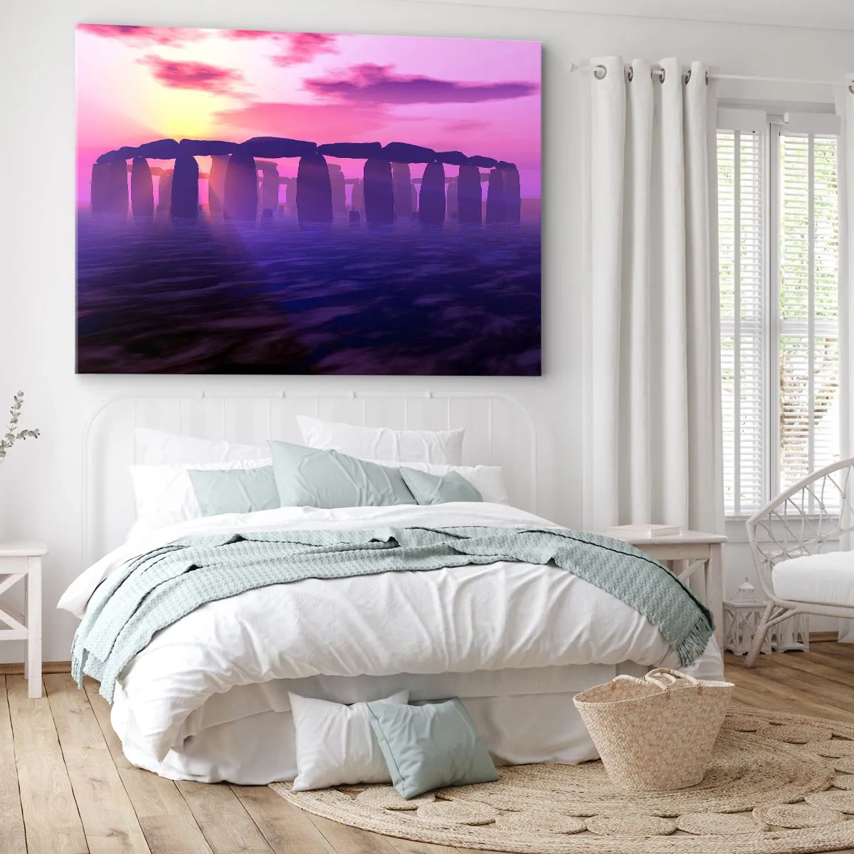 Impression sur toile - Image sur toile - Cercle de pierres au coucher du soleil avec un ciel violet - 100x70cm - Mystère à l'aube dans le brouillard - Décoration murale moderne pour le salon et la chambre ARTTOR
