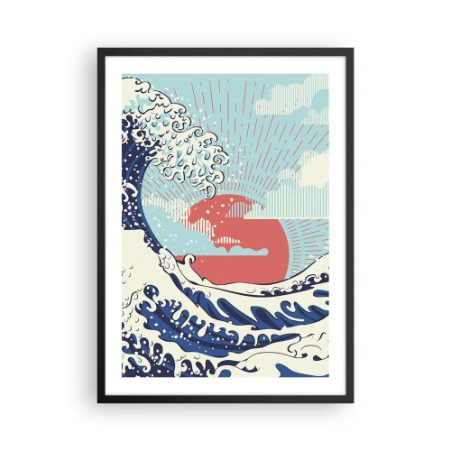 Affiche dans un cadre noir - Poster - Vague graphique d'inspiration japonaise avec un soleil rouge - 50x70cm - D'une inspiration japonnaise - Décoration murale moderne pour le salon et la chambre ARTTOR