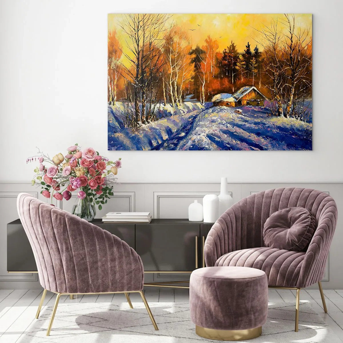 Impression sur verre - Image sur verre - Paysage d'hiver avec un chalet en bois au coucher du soleil - 70x50cm - Impression d'hiver au soleil - Décoration murale moderne pour le salon et la chambre ARTTOR