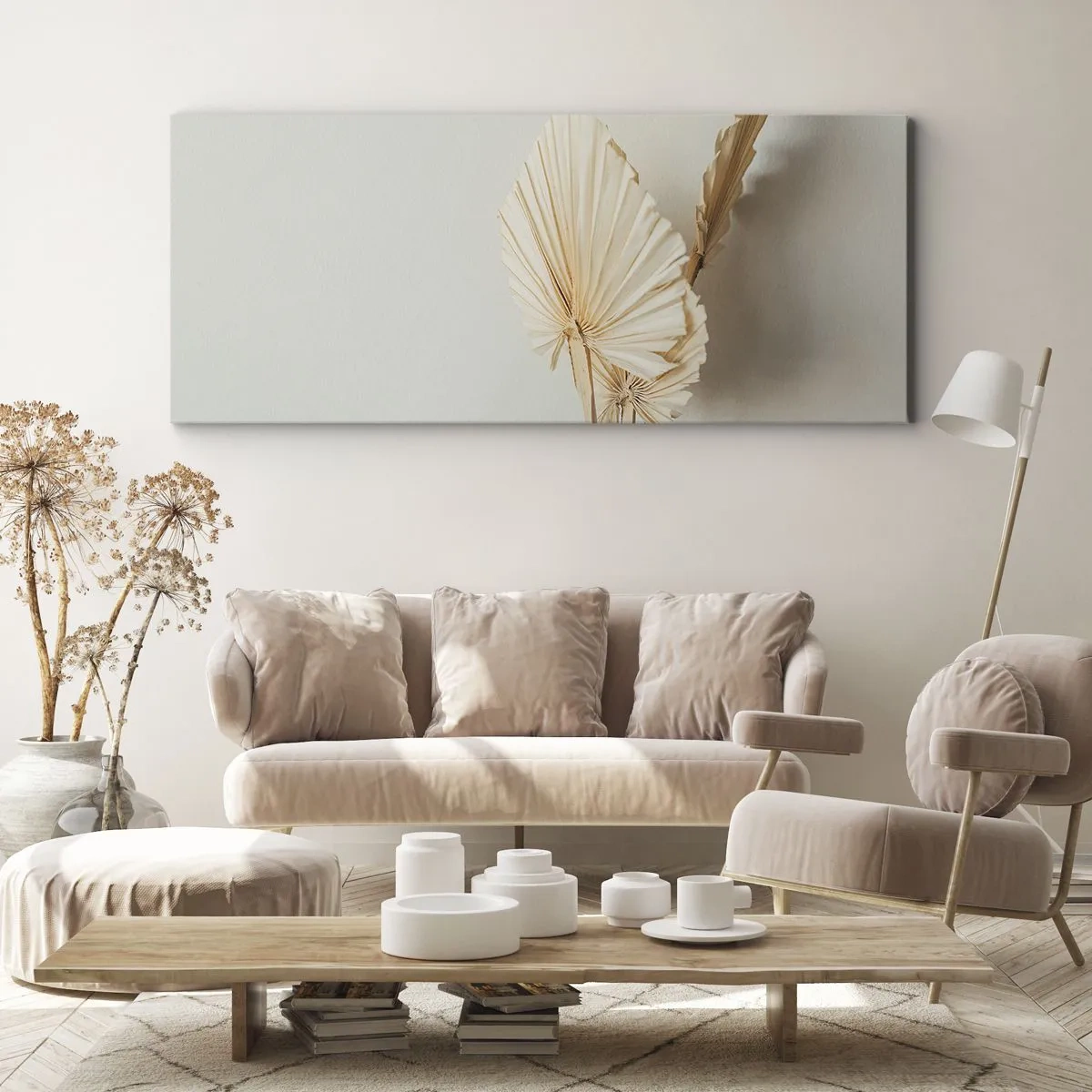 Impression sur toile - Image sur toile - Feuilles de palmier séchées dans un arrangement minimaliste - 160x50cm - Quand tu dois t’apaiser - Décoration murale moderne pour le salon et la chambre ARTTOR