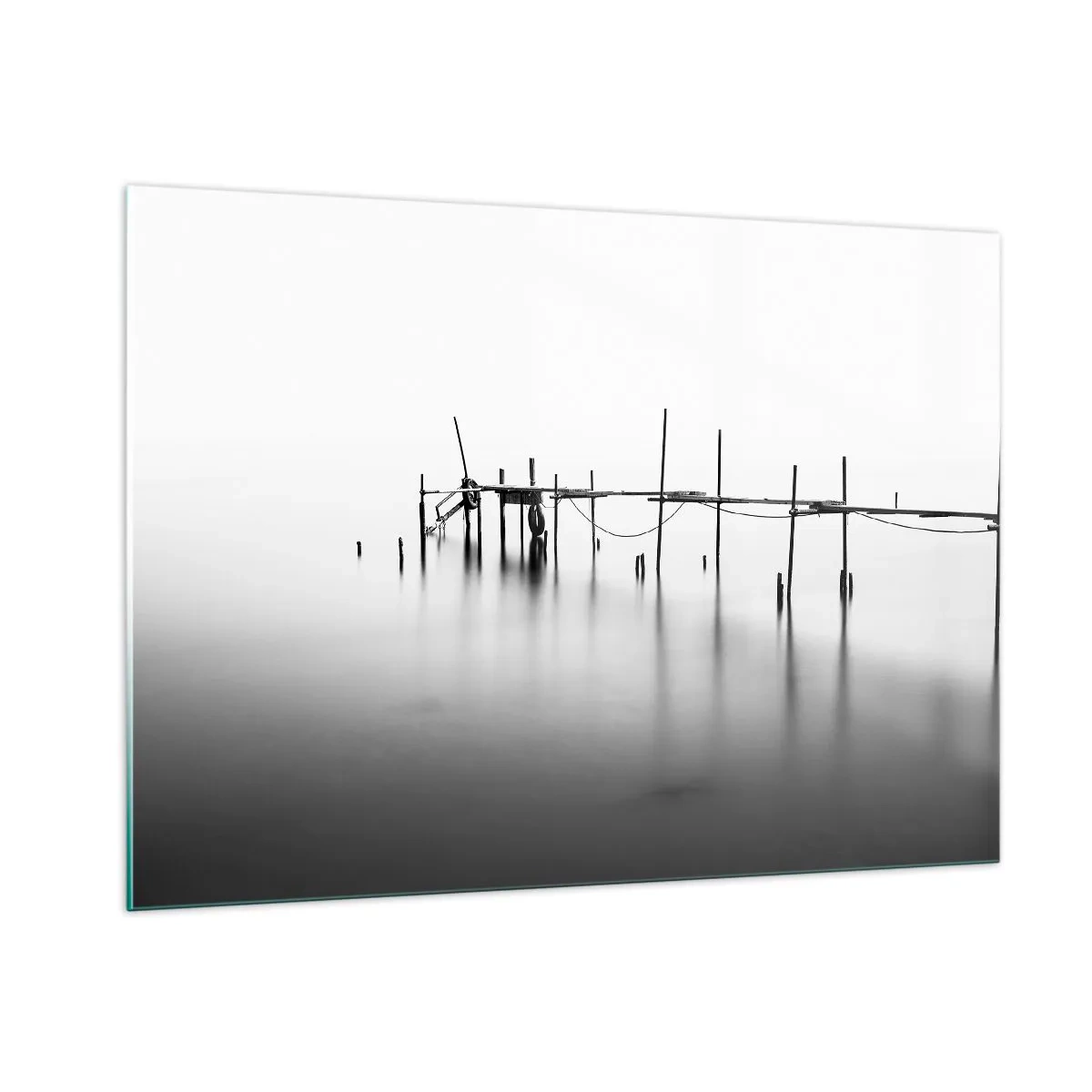 Impression sur verre - Image sur verre - Une jetée noire et blanche sur une surface d'eau calme - 100x70cm - Et s'il n'y avait pas de monde ? - Décoration murale moderne pour le salon et la chambre ARTTOR