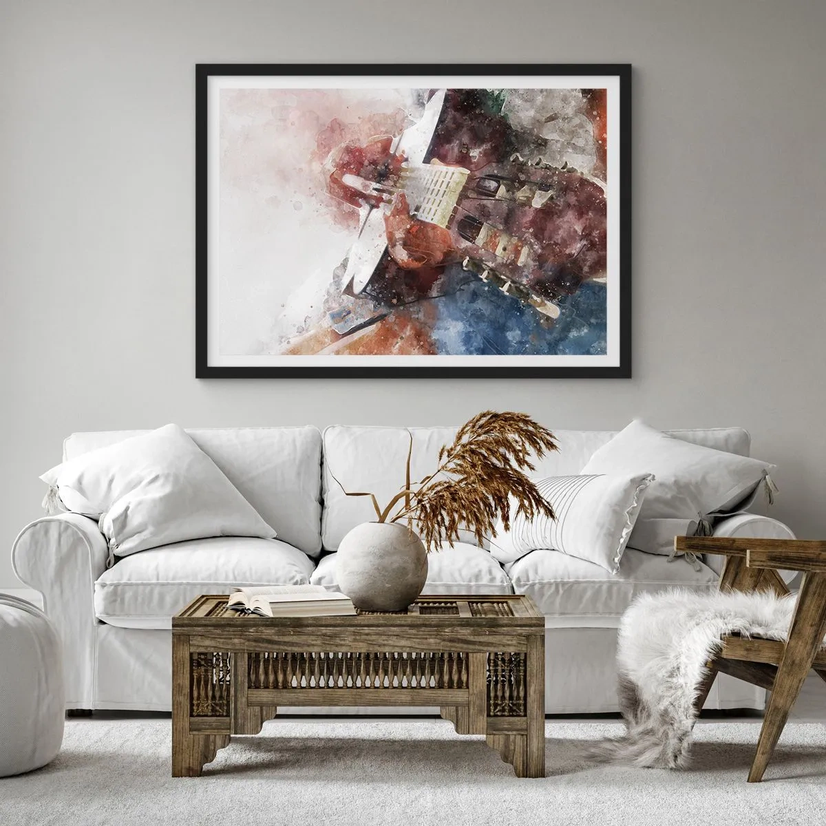 Affiche dans un cadre noir - Poster - Une interprétation artistique d'une guitare dans un style aquarelle - 100x70cm - Et qu'en pensez-vous ? - Décoration murale moderne pour le salon et la chambre ARTTOR