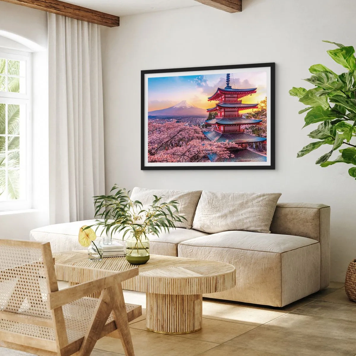 Affiche dans un cadre noir - Poster - Une pagode au Japon avec des cerisiers en fleurs et le mont Fuji - 70x50cm - Essence d'âme japonnaise - Décoration murale moderne pour le salon et la chambre ARTTOR