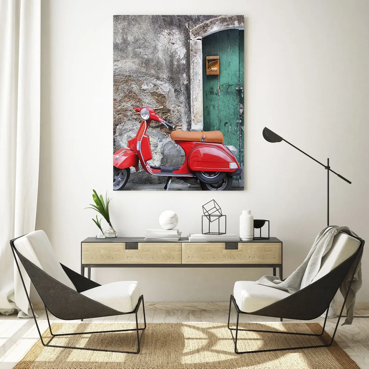 Impression sur verre - Image sur verre - Scooter rouge près de la porte verte - 80x120cm - Vacances italiennes - Décoration murale moderne pour le salon et la chambre ARTTOR