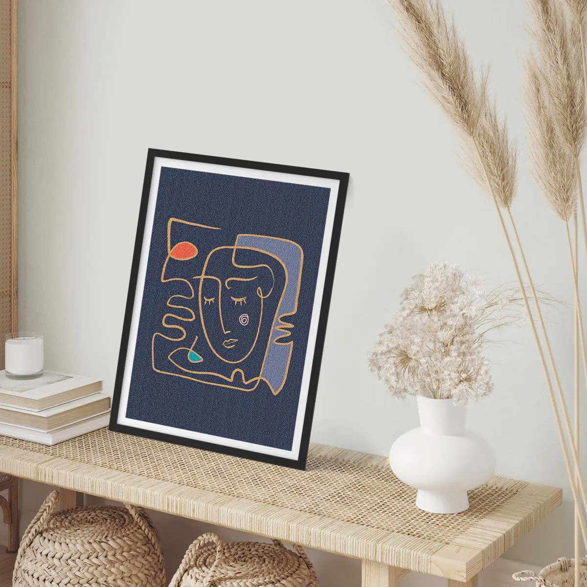 Affiche dans un cadre noir - Poster - Visage abstrait minimaliste sur fond bleu marine dans un style d'art en ligne - 50x70cm - En réflexion - Décoration murale moderne pour le salon et la chambre ARTTOR