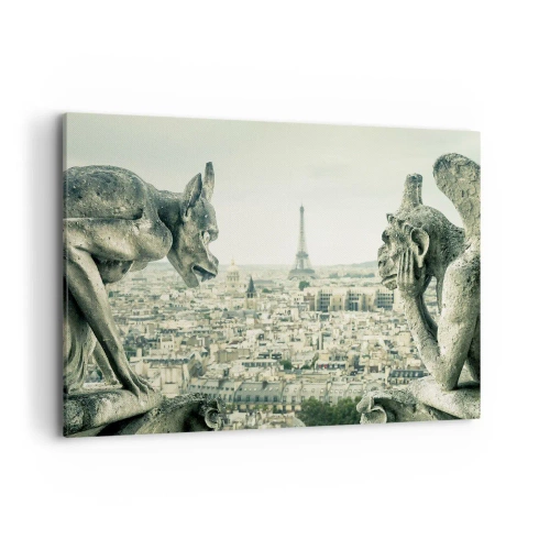 Impression sur toile - Image sur toile - Gargouilles surplombant les toits de Paris et la Tour Eiffel - 100x70cm - Bavardage parisien - Décoration murale moderne pour le salon et la chambre ARTTOR