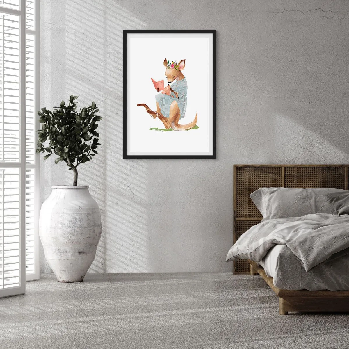 Affiche dans un cadre noir - Poster - Un kangourou lisant un livre avec un enfant dans un style artistique. - 50x70cm - Lis-moi maman - Décoration murale moderne pour le salon et la chambre ARTTOR