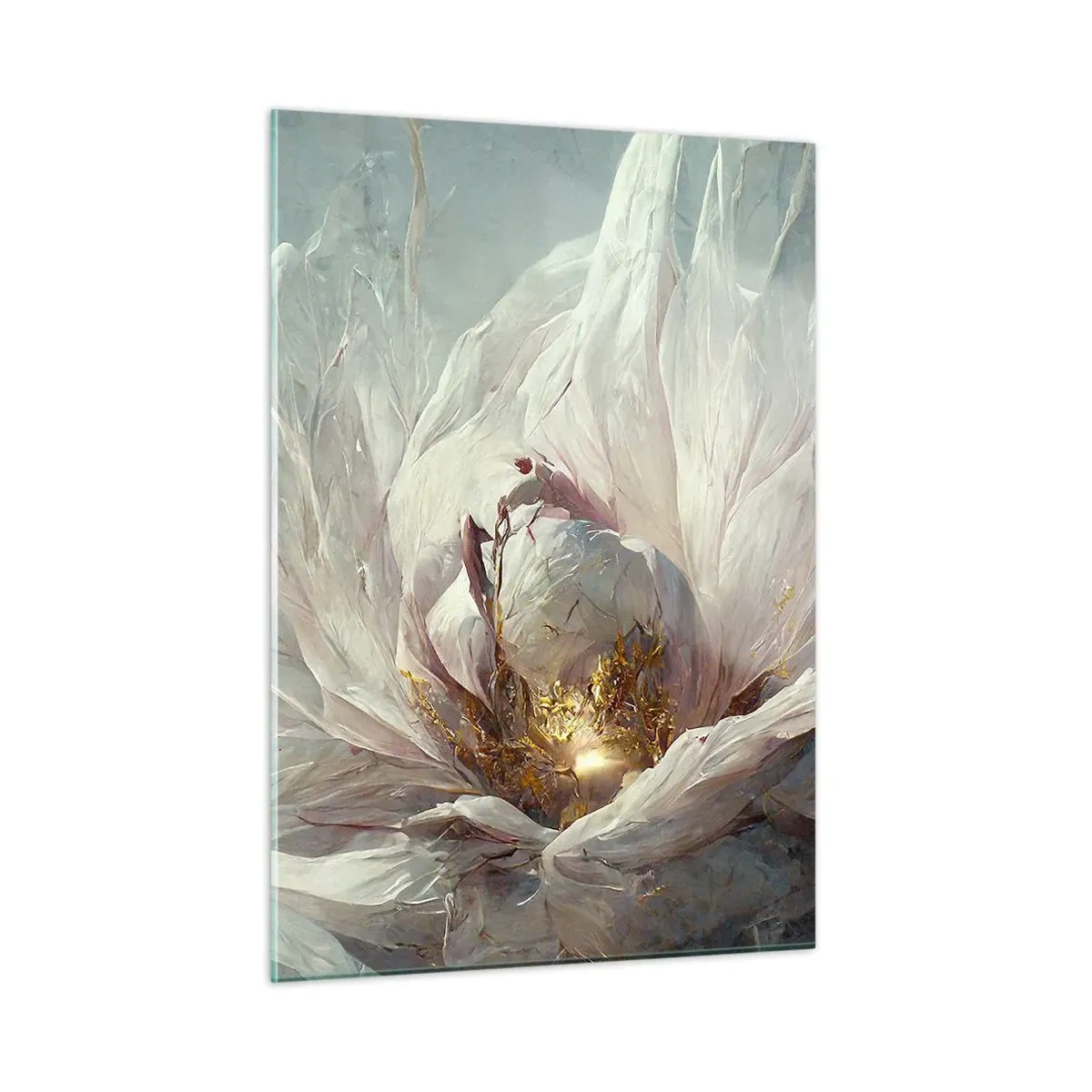 Impression sur verre - Image sur verre - Une fleur épanouie dans des tons gris et or délicats - 50x70cm - Il fleurit une fois tous les cent ans - Décoration murale moderne pour le salon et la chambre ARTTOR
