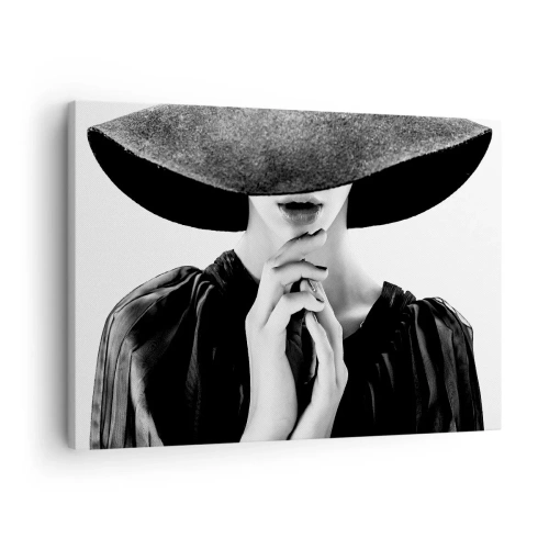 Impression sur toile - Image sur toile - Femme élégante portant un grand chapeau dans des tons de noir et blanc - 70x50cm - Beauté cachée - Décoration murale moderne pour le salon et la chambre ARTTOR