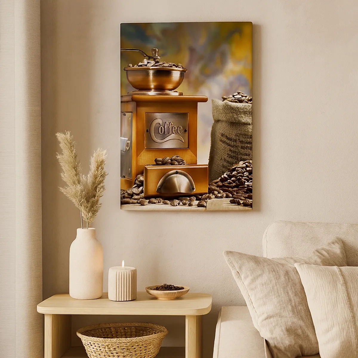 Impression sur toile - Image sur toile - Moulin à café avec des grains et une tasse en arrière-plan - 50x70cm - Le craquement des grains, le cliquetis d'un moulin - Décoration murale moderne pour le salon et la chambre ARTTOR
