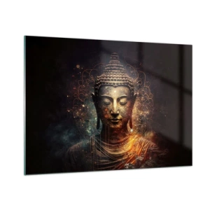 Impression sur verre - Image sur verre - Une figure dorée de Bouddha sur un fond sombre avec des ornements - 100x70cm - Équilibre spirituel - Décoration murale moderne pour le salon et la chambre ARTTOR