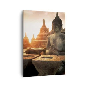 Impression sur toile - Image sur toile - Statue de Bouddha au temple de Borobudur au coucher du soleil - 50x70cm - Temps de grande sagesse - Décoration murale moderne pour le salon et la chambre ARTTOR