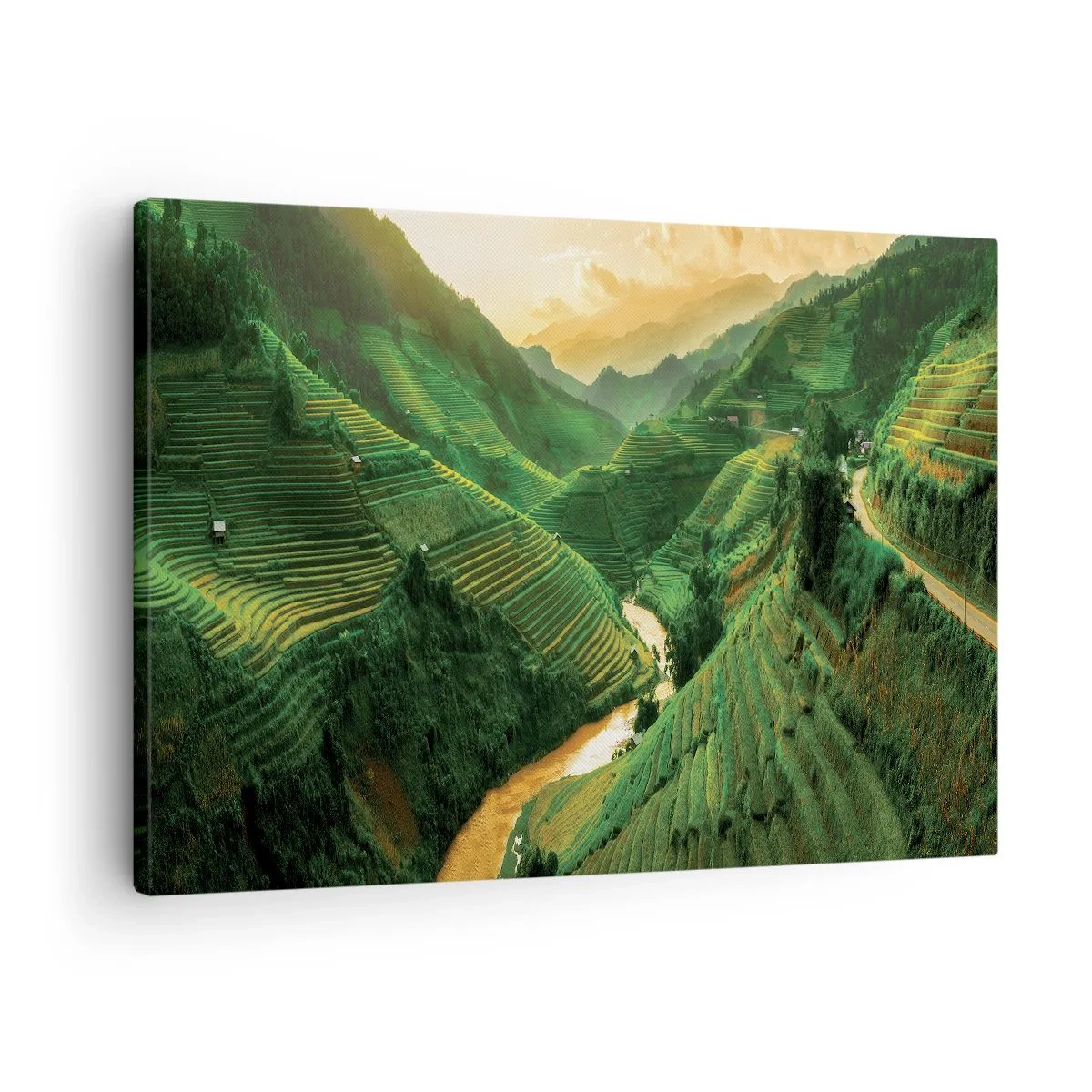 Impression sur toile - Image sur toile - Rizières en terrasses pittoresques dans une vallée verdoyante illuminée par le soleil couchant - 70x50cm - Vallée vietnamienne - Décoration murale moderne pour le salon et la chambre ARTTOR