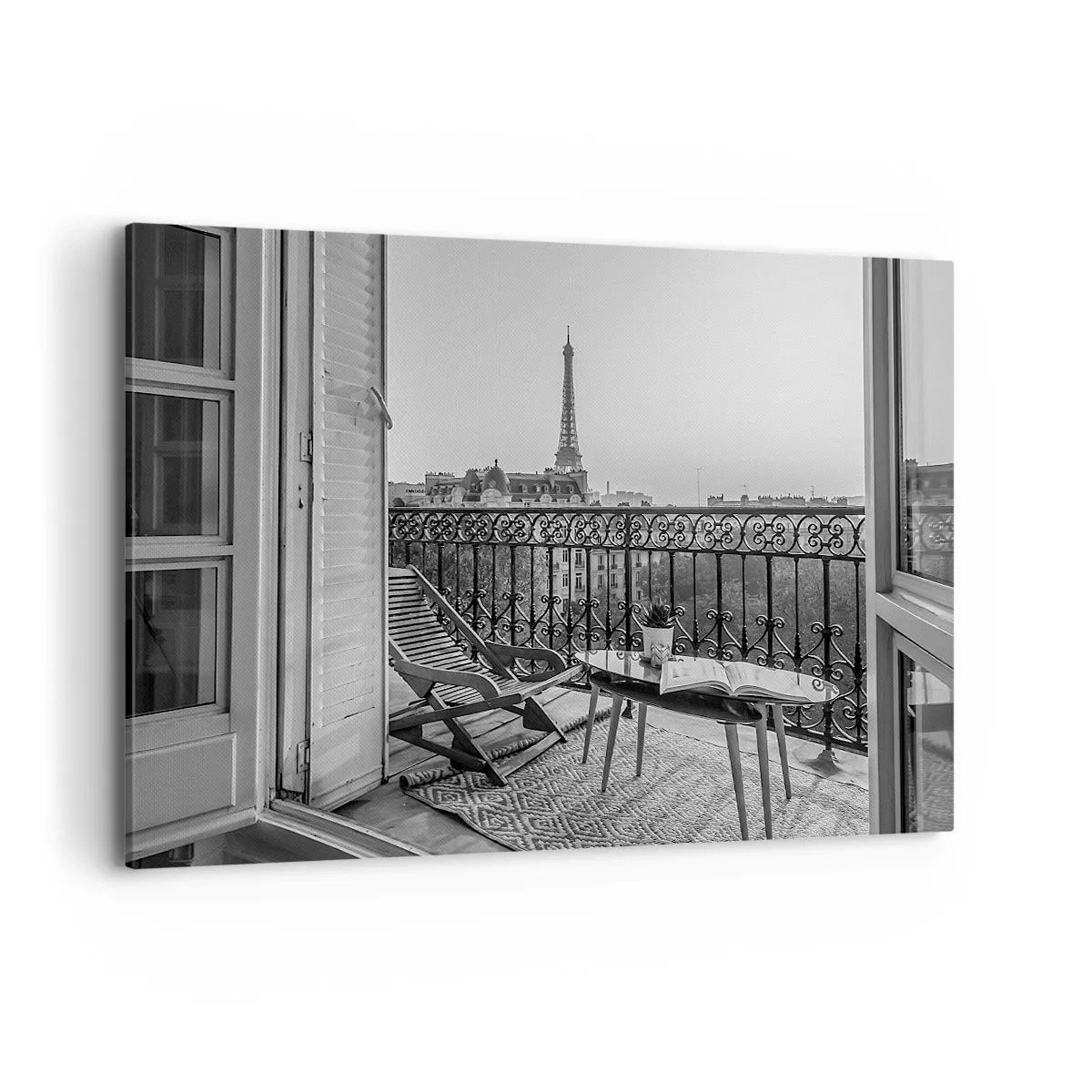 Impression sur toile - Image sur toile - Vue sur la Tour Eiffel depuis le balcon avec transats et table - 120x80cm - Après-midi parisien - Décoration murale moderne pour le salon et la chambre ARTTOR