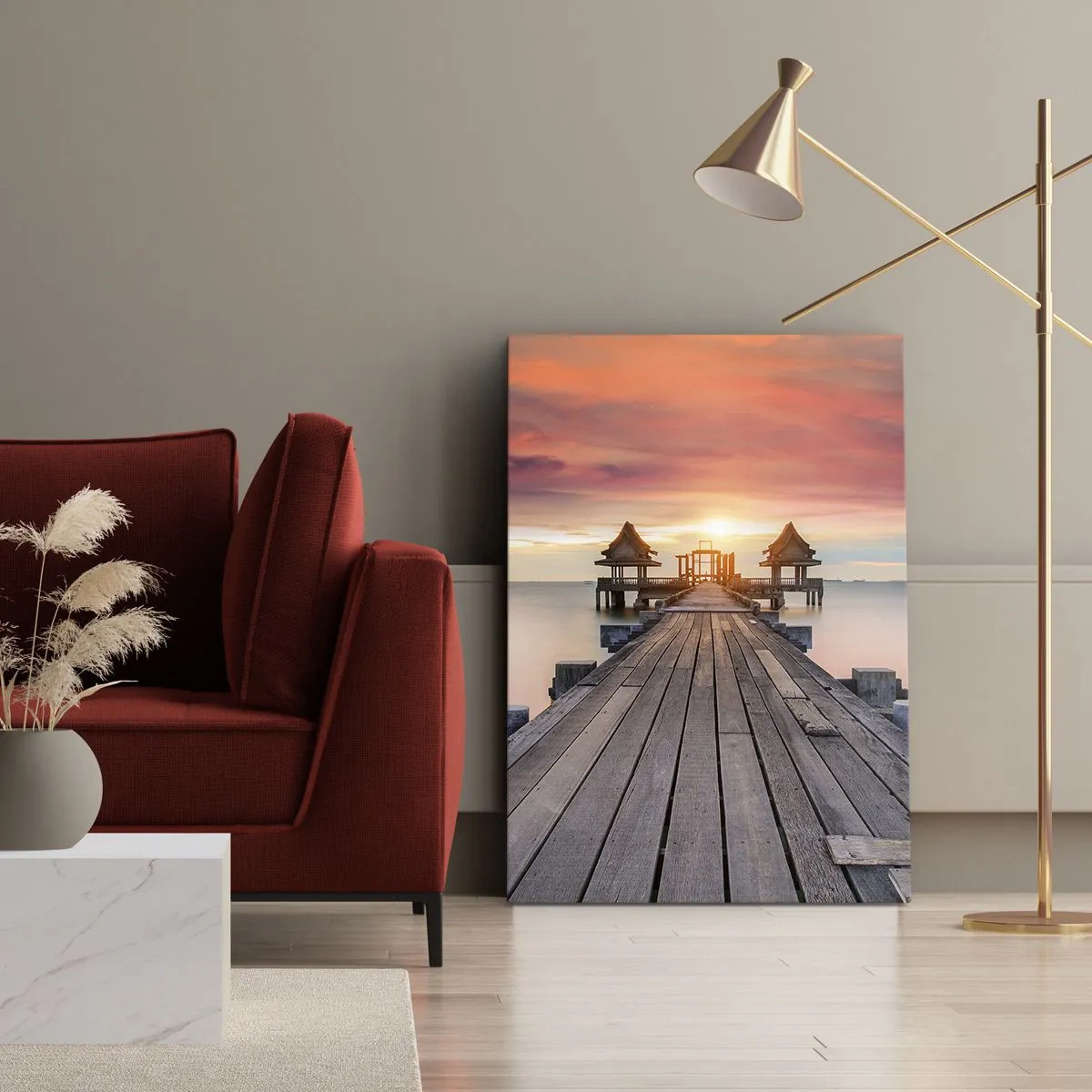 Impression sur toile - Image sur toile - Jetée en bois menant aux belvédères au coucher du soleil - 70x100cm - L'Ouest à l'Est - Décoration murale moderne pour le salon et la chambre ARTTOR