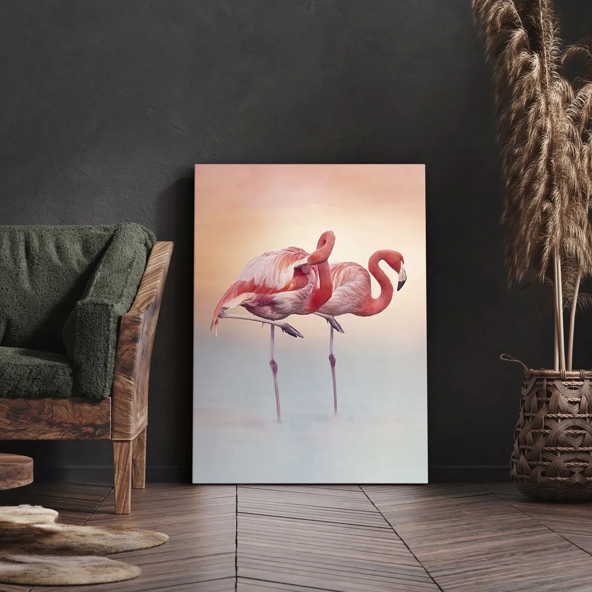 Impression sur toile - Image sur toile - Flamants roses aux couleurs pastel délicates sur fond d'eau - 80x120cm - Dans les couleurs du soleil couchant - Décoration murale moderne pour le salon et la chambre ARTTOR