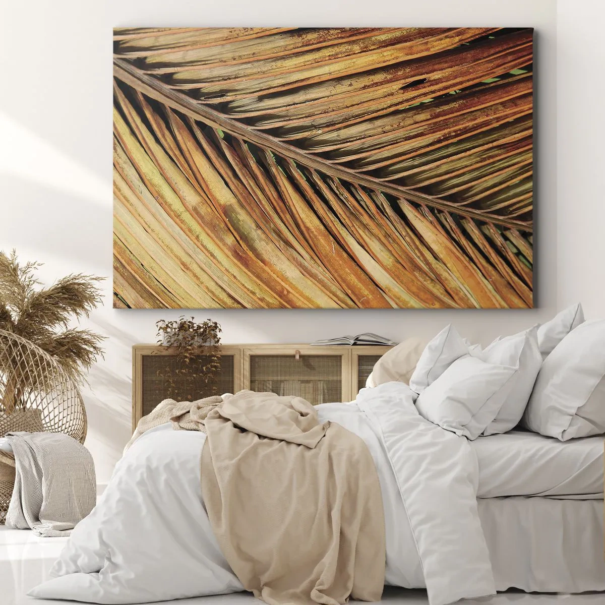 Impression sur toile - Image sur toile - Gros plan d'une feuille de palmier sèche aux tons chauds - 120x80cm - Or de noix de coco - Décoration murale moderne pour le salon et la chambre ARTTOR