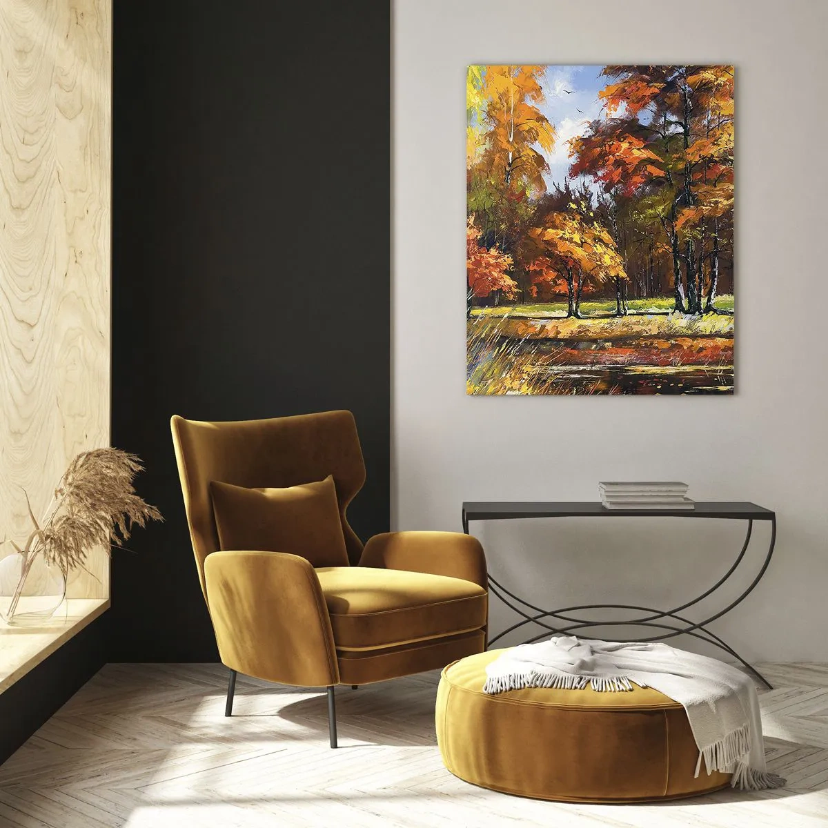 Impression sur verre - Image sur verre - Paysage d'automne avec des arbres colorés et un étang - 80x120cm - Paysage en or et bronze - Décoration murale moderne pour le salon et la chambre ARTTOR