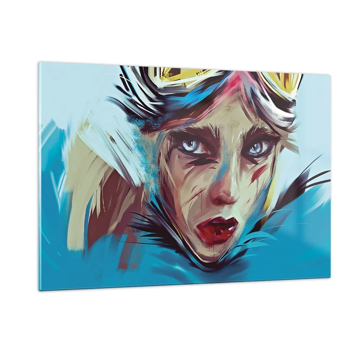 Impression sur verre - Image sur verre - Portrait d'une femme avec des lunettes et des coups de pinceau bleus - 120x80cm - Guerrière errante - Décoration murale moderne pour le salon et la chambre ARTTOR
