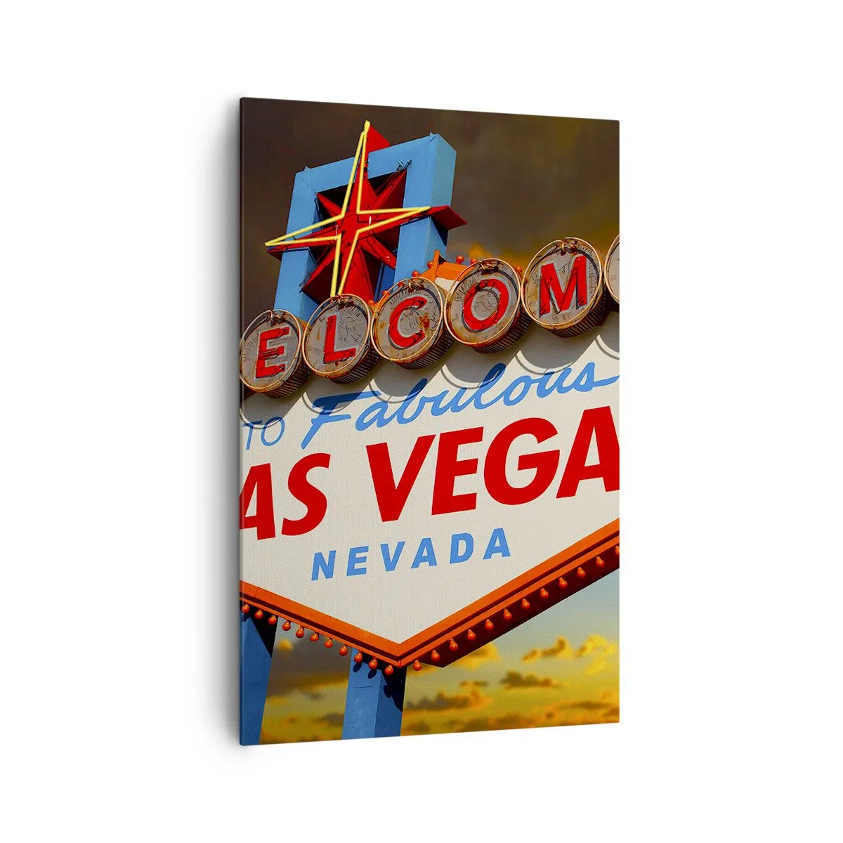 Impression sur toile - Image sur toile - Le célèbre panneau Welcome to Fabulous Las Vegas au coucher du soleil - 80x120cm - Après un sourire du destin - Décoration murale moderne pour le salon et la chambre ARTTOR