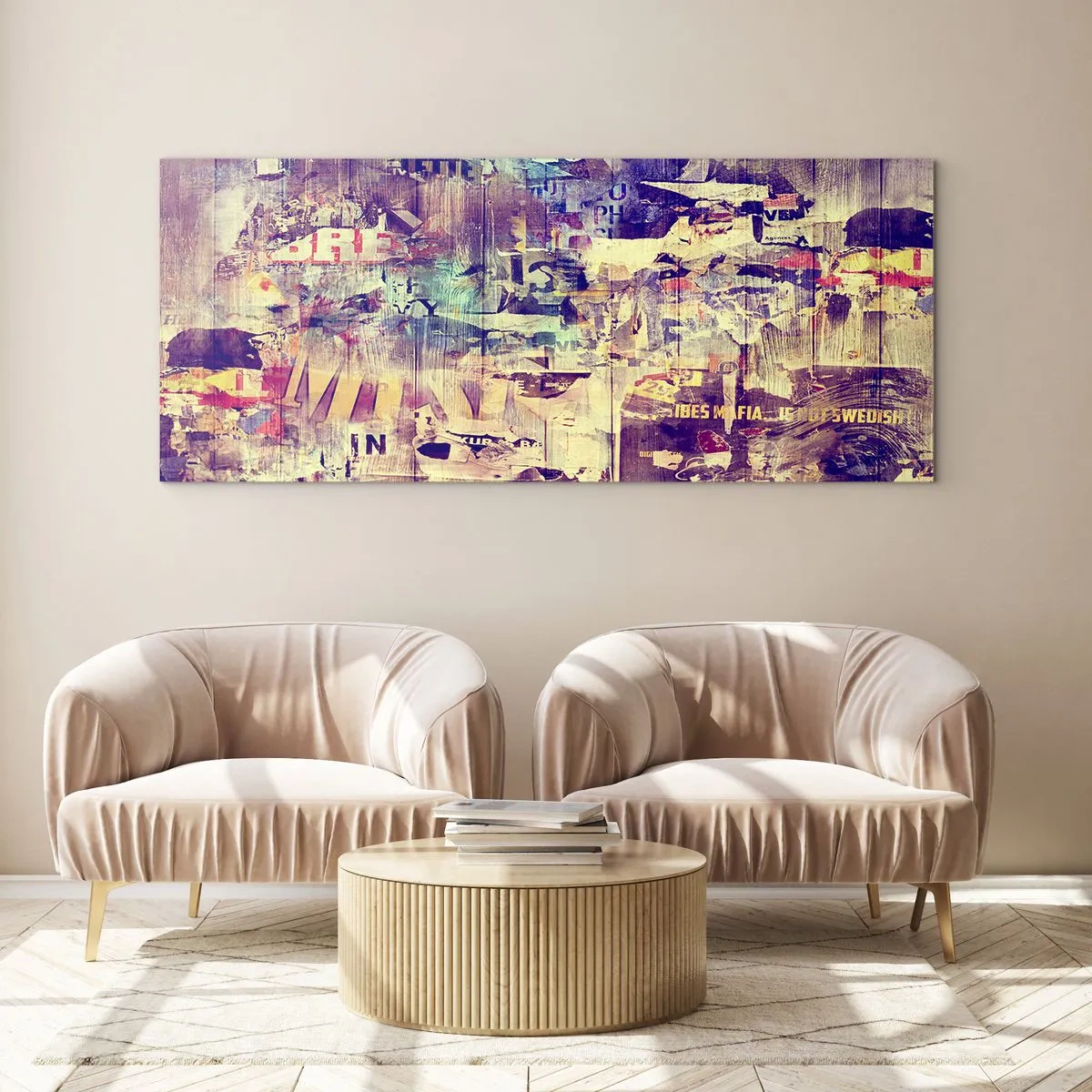Impression sur verre - Image sur verre - Collage abstrait coloré avec texte et graphiques - 140x50cm - Et c'est tout ce qu'il y a à faire - Décoration murale moderne pour le salon et la chambre ARTTOR