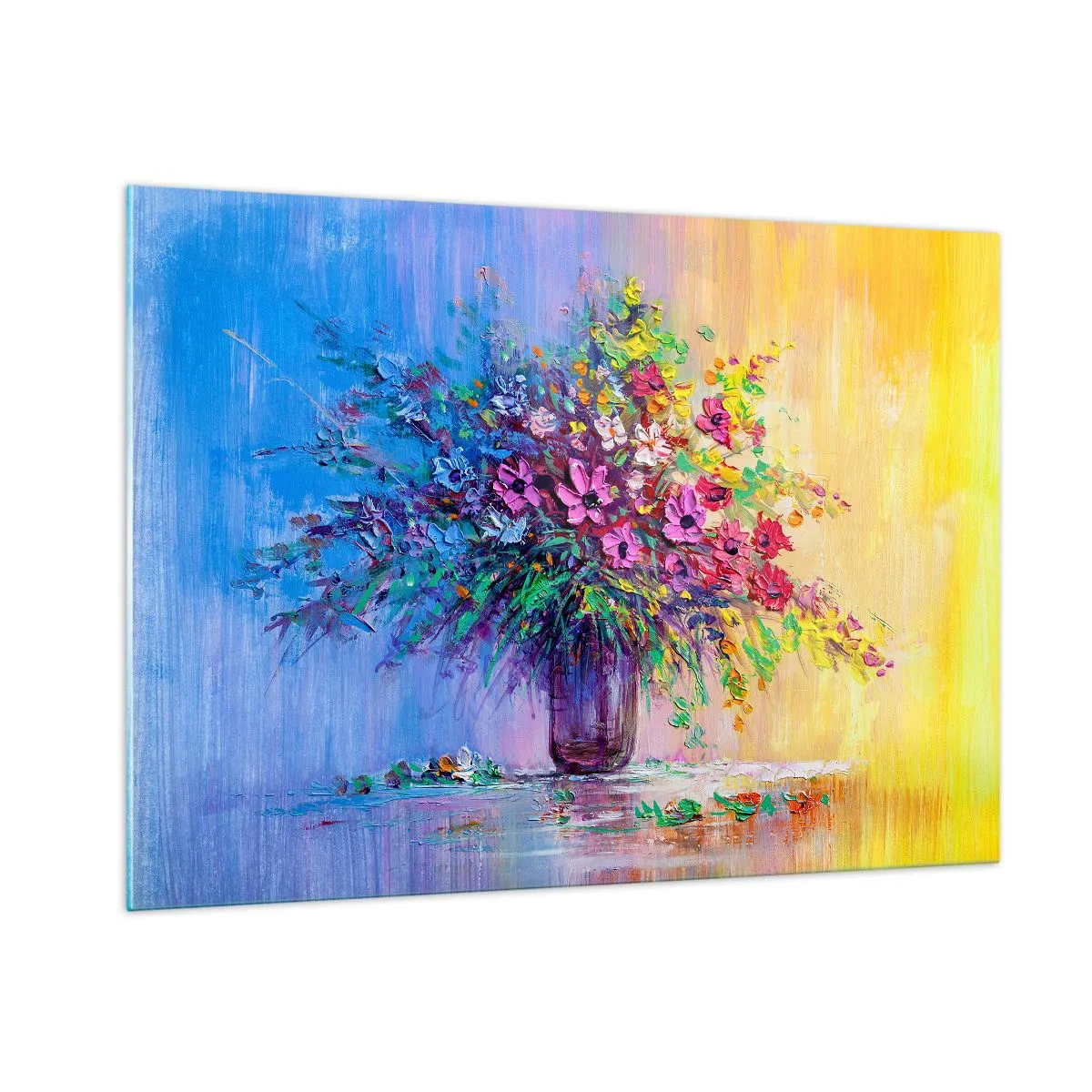Impression sur verre - Image sur verre - Un bouquet de fleurs colorées dans un vase sur un fond abstrait - 100x70cm - Cadeau d'été de la prairie - Décoration murale moderne pour le salon et la chambre ARTTOR