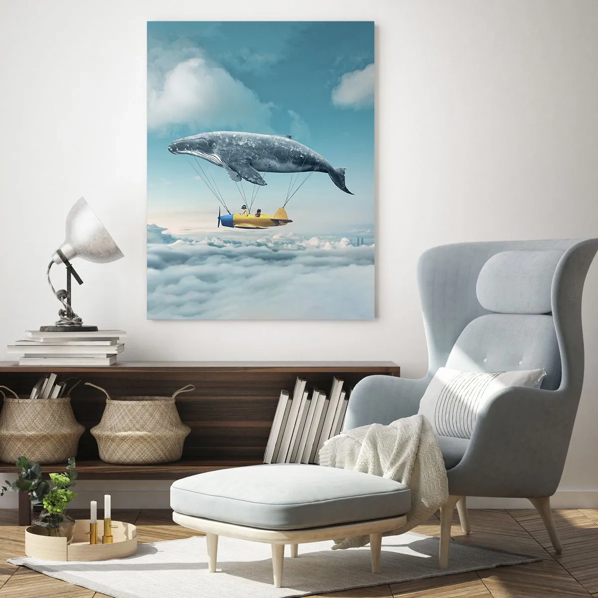 Impression sur verre - Image sur verre - Une baleine volante transporte un avion dans un décor surréaliste. - 70x100cm - Pourquoi pas? - Décoration murale moderne pour le salon et la chambre ARTTOR