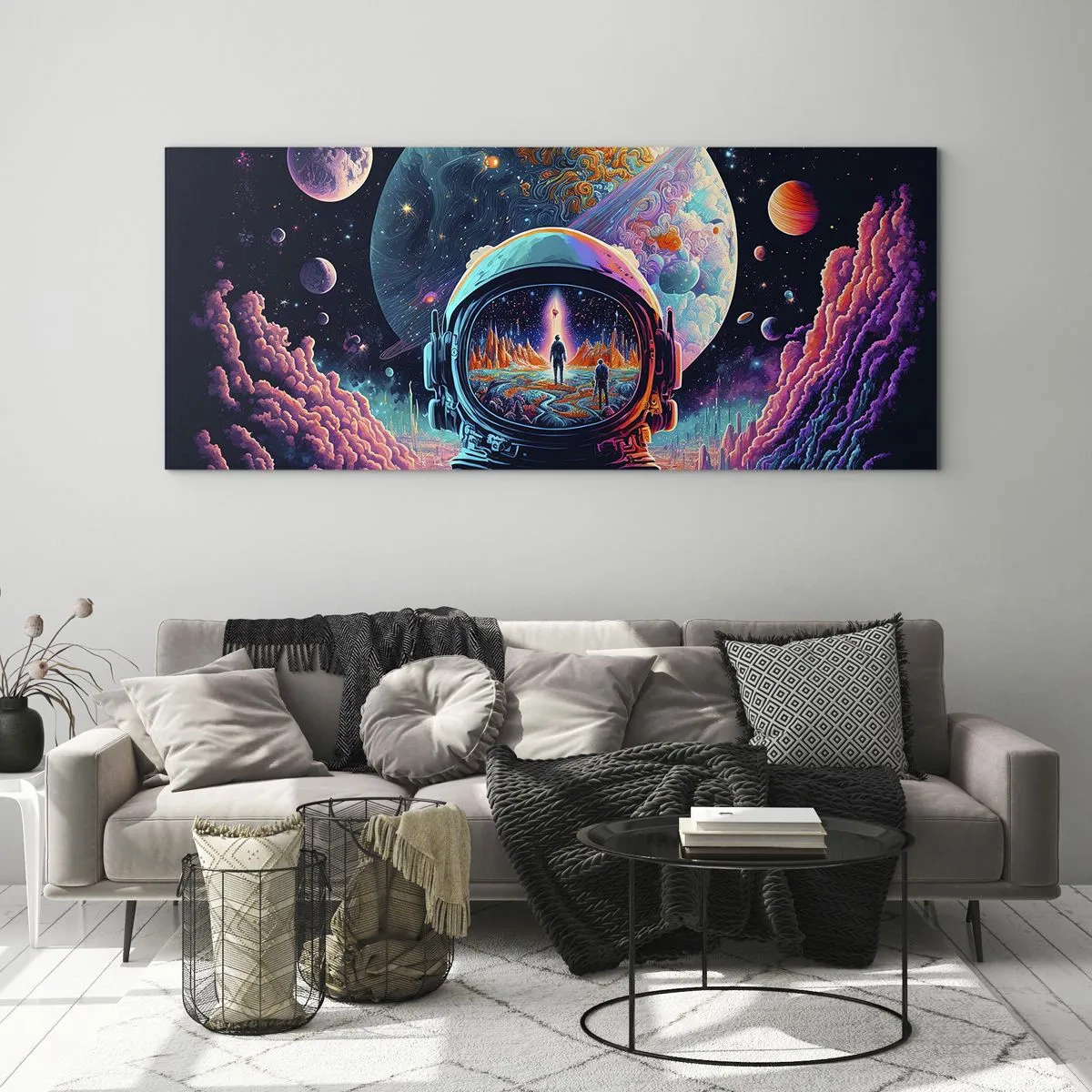 Impression sur verre - Image sur verre - Astronaute dans l'espace avec un paysage planétaire coloré - 120x50cm - Les philosophes n'en ont pas rêvé - Décoration murale moderne pour le salon et la chambre ARTTOR
