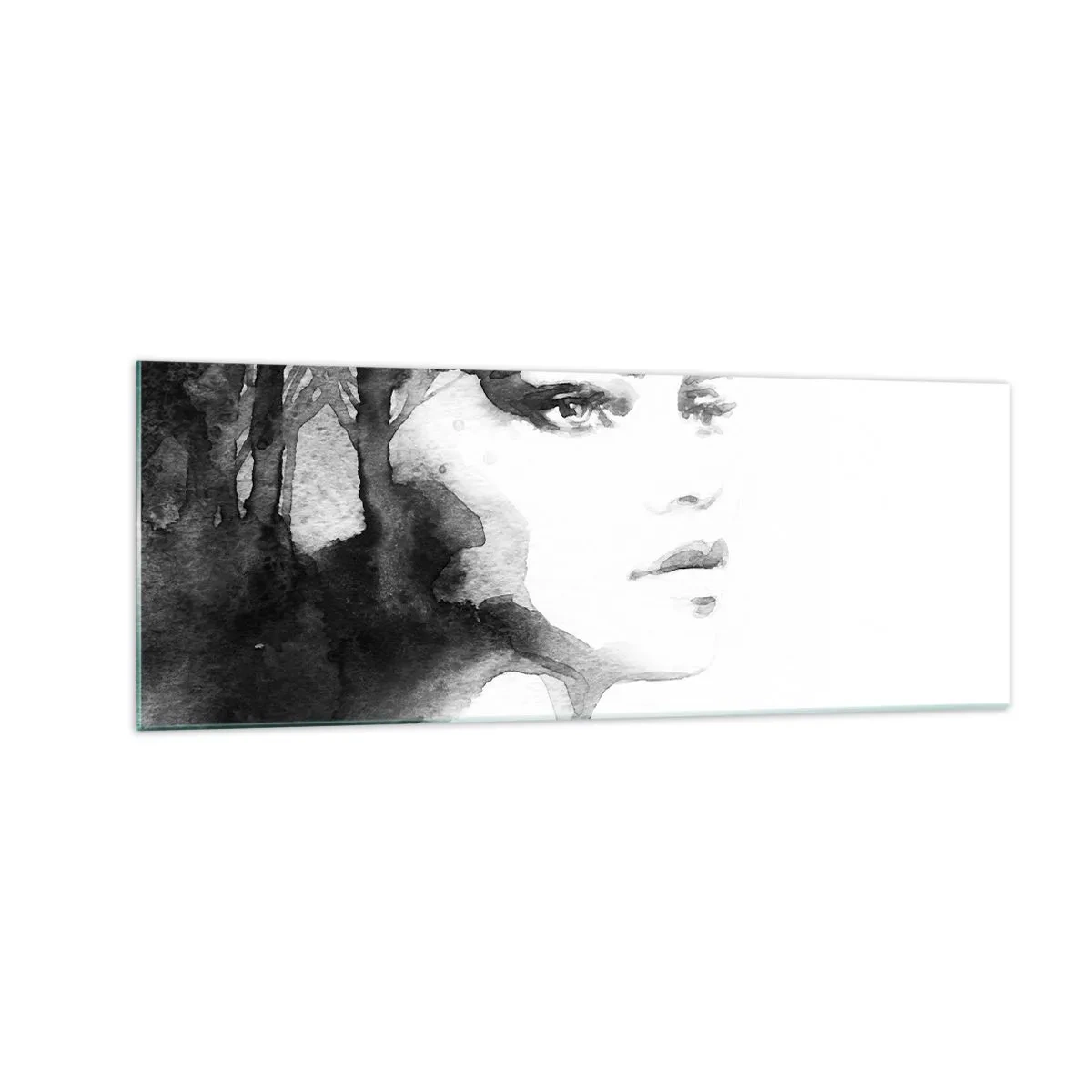 Impression sur verre - Image sur verre - Un portrait subtil d'une femme dans des tons de noir et blanc - 140x50cm - Fait de mystère et de brouillard - Décoration murale moderne pour le salon et la chambre ARTTOR