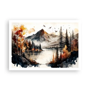 Affiche - Poster - Paysage de montagne d'automne avec un lac et des arbres à l'aquarelle - 100x70cm - Automne doré dans les montagnes - Décoration murale moderne pour le salon et la chambre ARTTOR