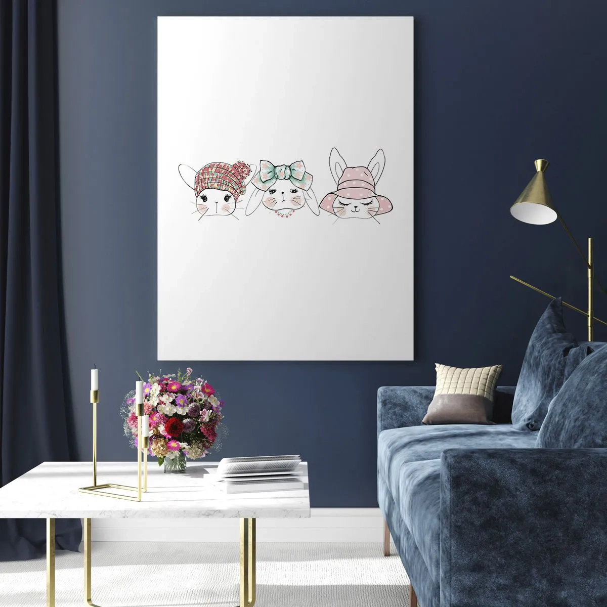 Impression sur verre - Image sur verre - Des lapins mignons avec des chapeaux et des nœuds - 50x70cm - Pensif, triste, satisfait - Décoration murale moderne pour le salon et la chambre ARTTOR