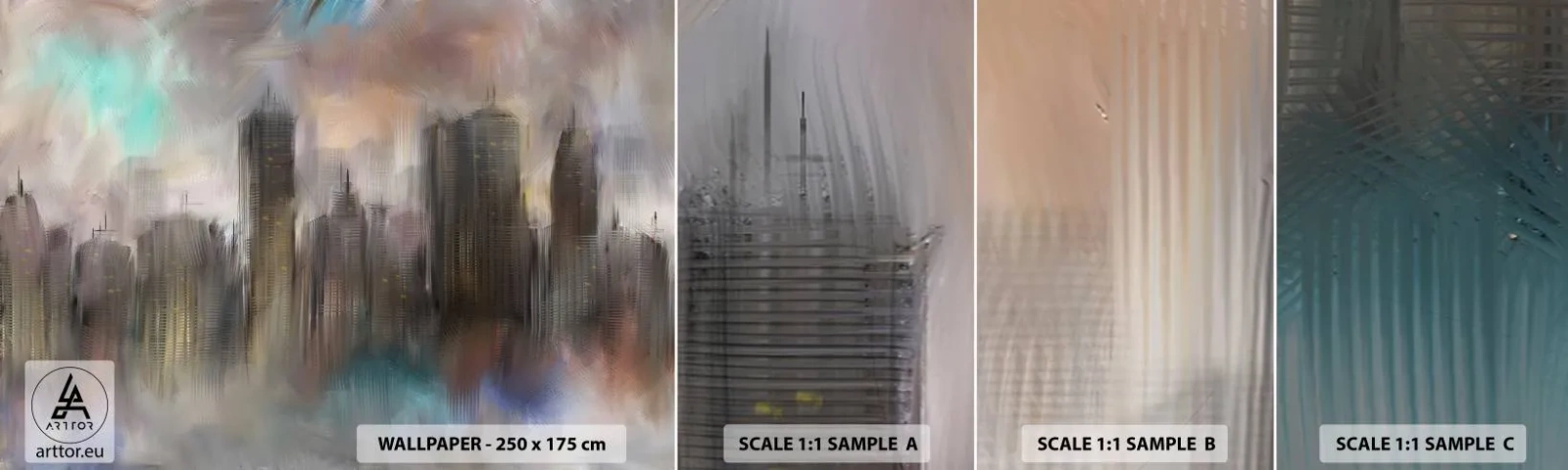 Échantillon de Papier Peint Autocollant Deluxe Sticker - Une composition d'acier, de pierre et de brouillard - Ville, Architecture, Morceau - 100x30 cm